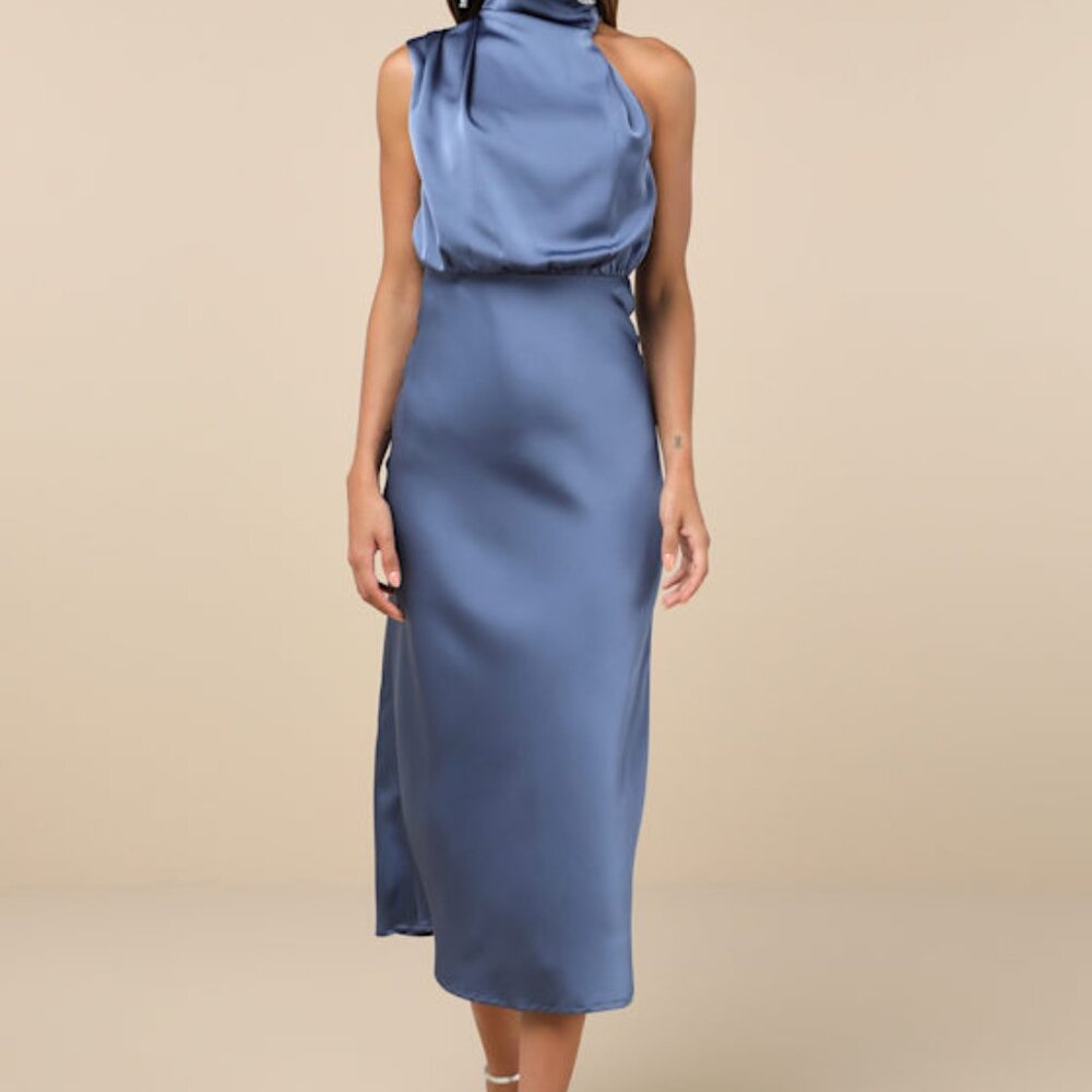 Lulus Distinctive Charm Slate Blue Satin Asymmetrical Midi Dress - Size XS